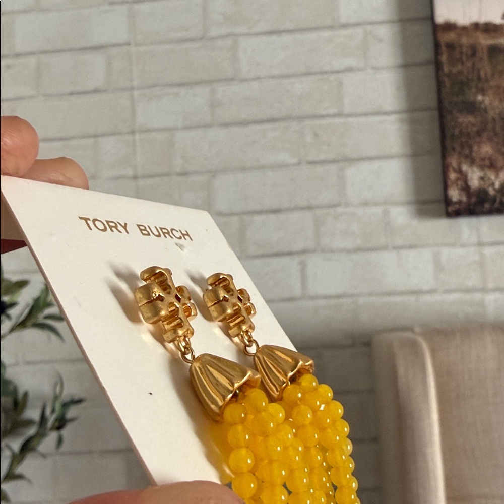 NWT Tory Burch Gold and Yellow Beaded dangle Earrings - Picture 4 of 4